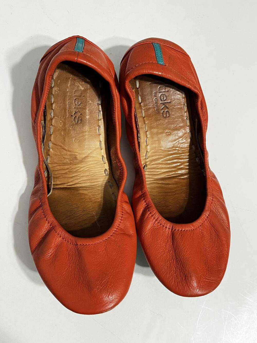 Tieks Shoes Womens Size 8 Orange Leather Ballet Flats Teal Sole Foldable Comfort